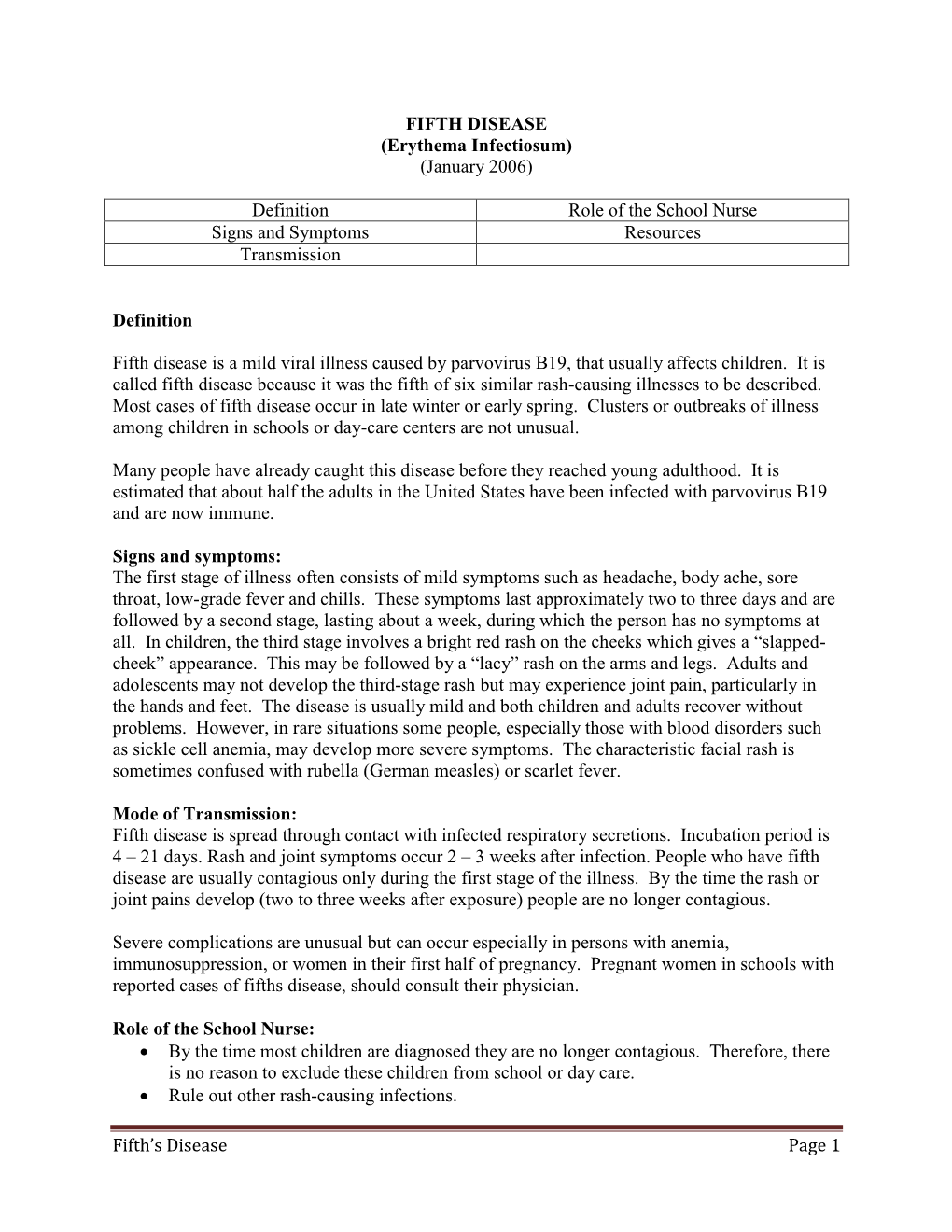 FIFTH DISEASE (Erythema Infectiosum) (January 2006)