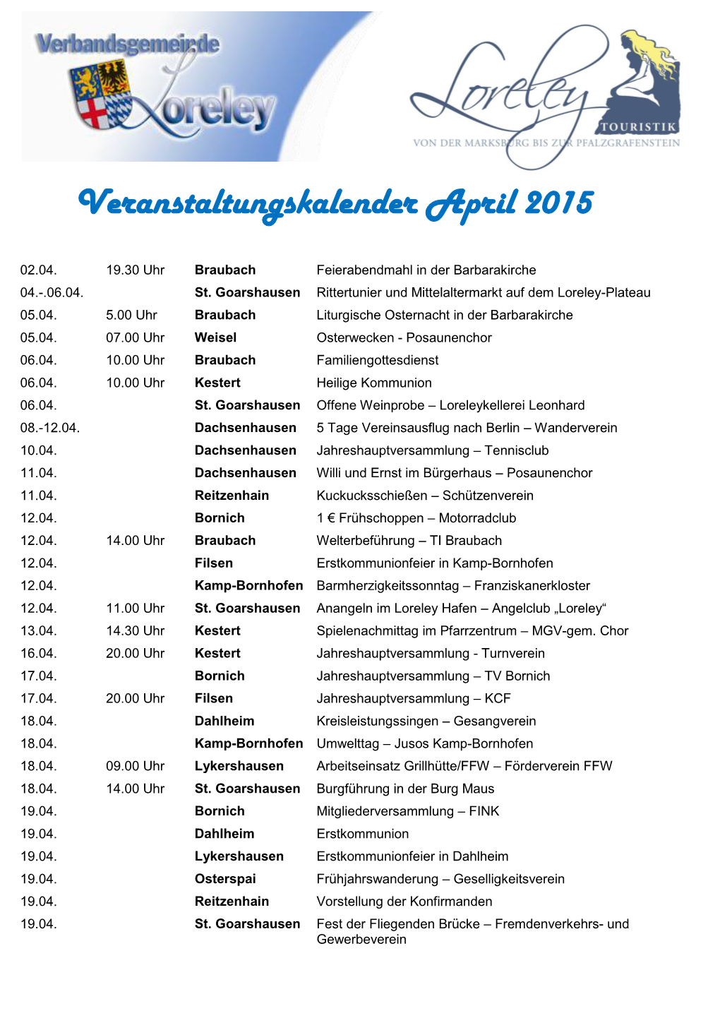 Veranstaltungskalender April 2015