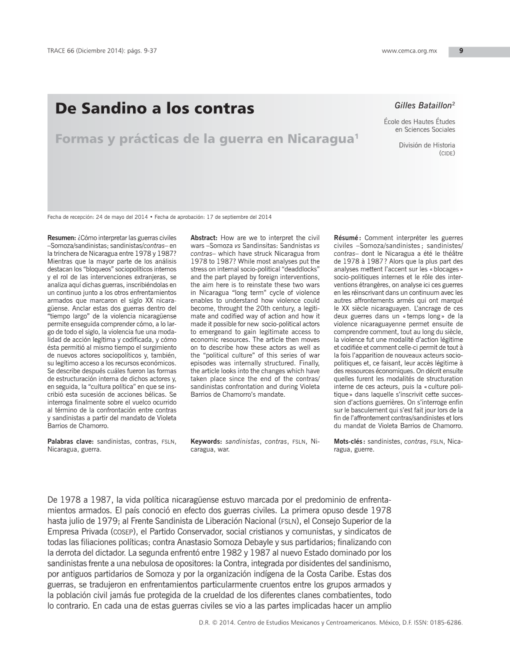 De Sandino a Los Contras Gilles Bataillon2 École Des Hautes Études En Sciences Sociales 1 Formas Y Prácticas De La Guerra En Nicaragua División De Historia (CIDE)