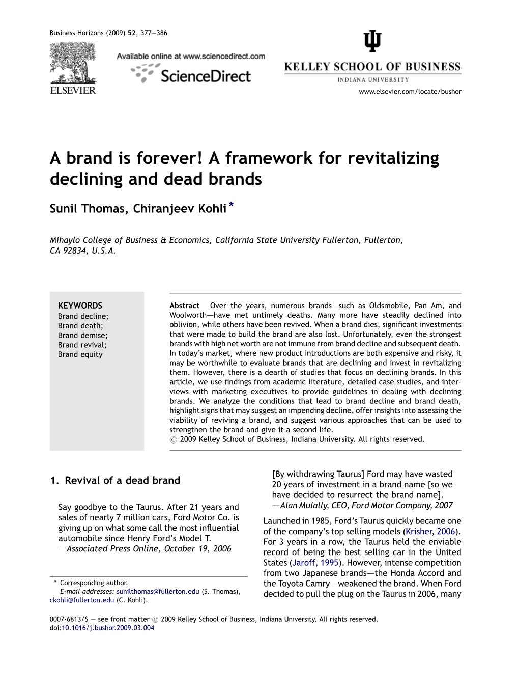 A Brand Is Forever! a Framework for Revitalizing Declining and Dead Brands