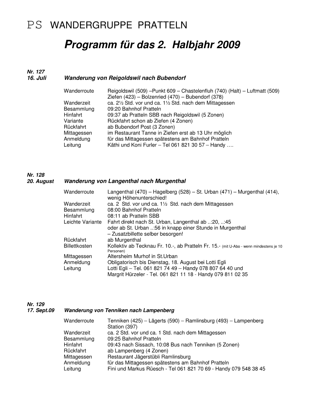 Programm Für Das 2. Halbjahr 2009