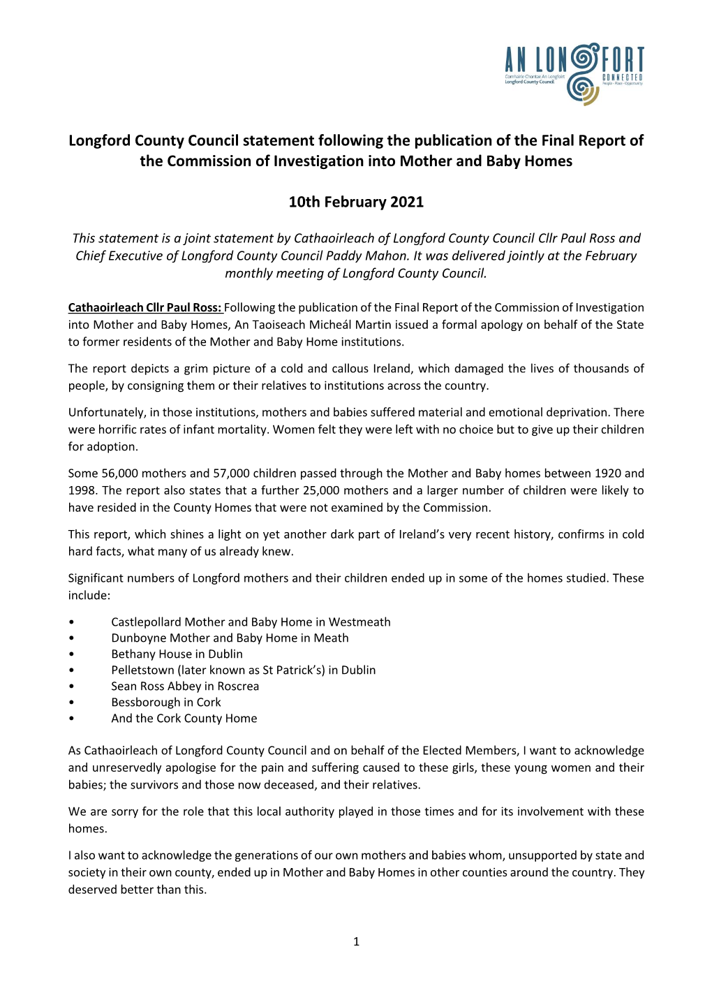 Longford County Council Statement Following the Publication of the Final Report of the Commission of Investigation Into Mother and Baby Homes