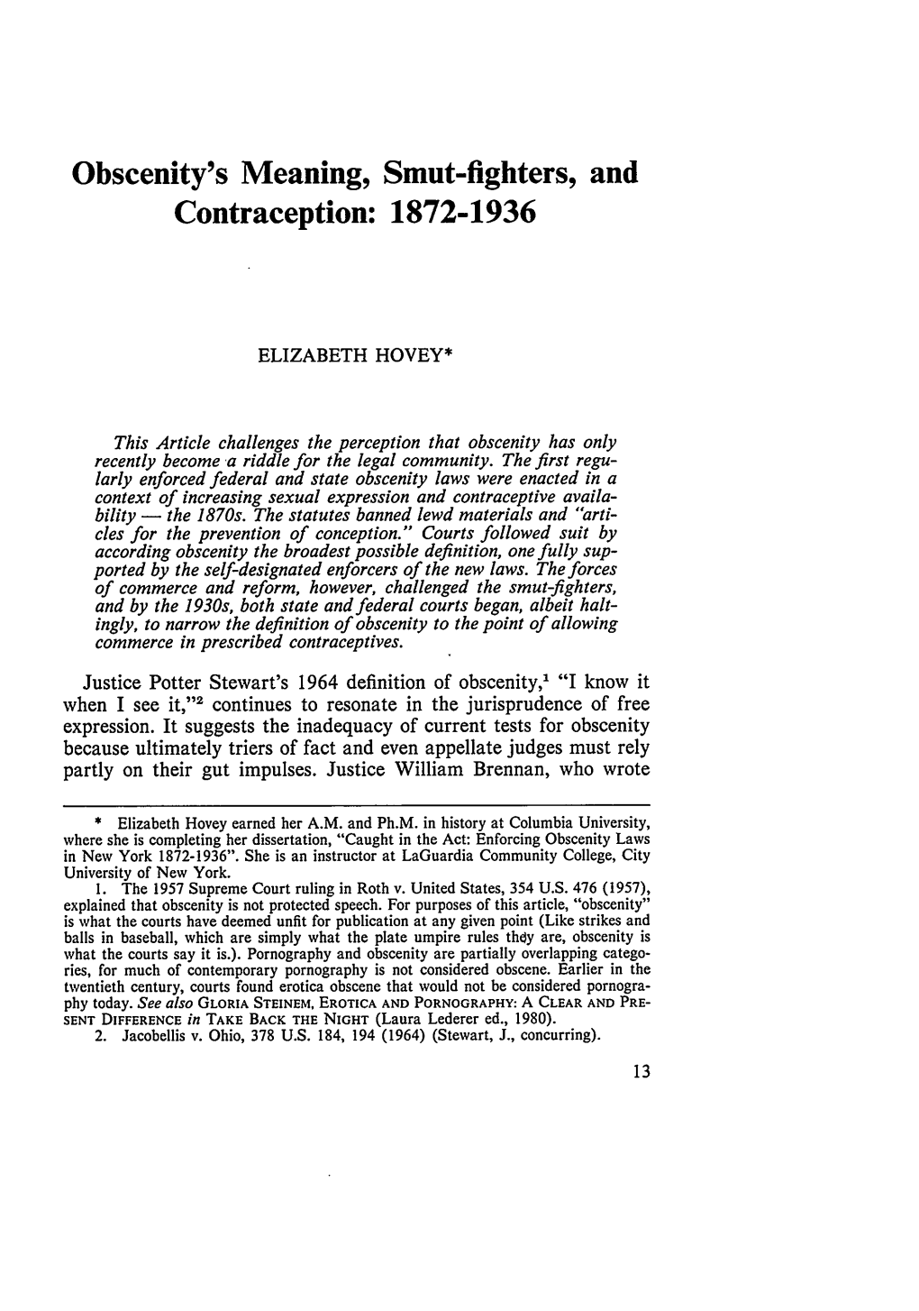 Obscenity's Meaning Smut-Fighters and Contraception: 1872-1936