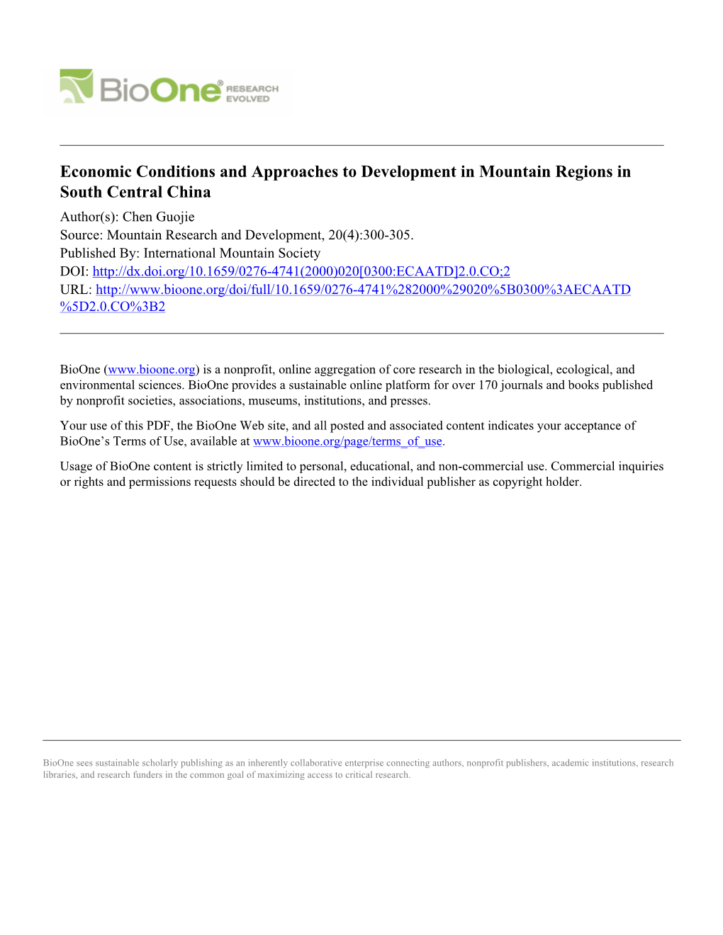 Economic Conditions and Approaches to Development in Mountain