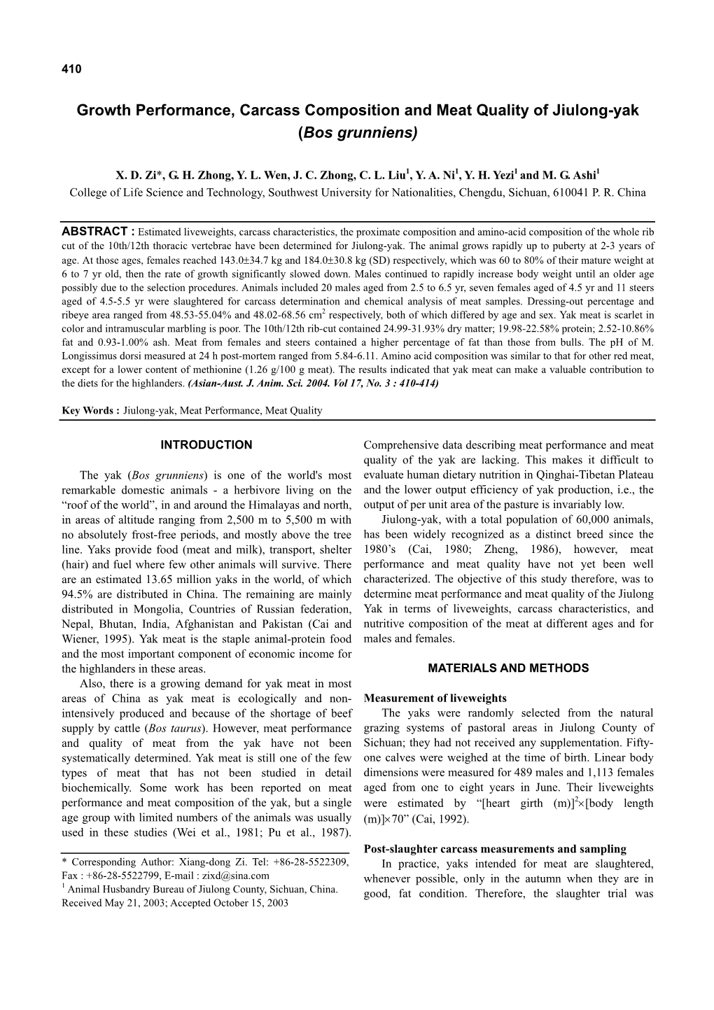 Growth Performance, Carcass Composition and Meat Quality of Jiulong-Yak (Bos Grunniens)