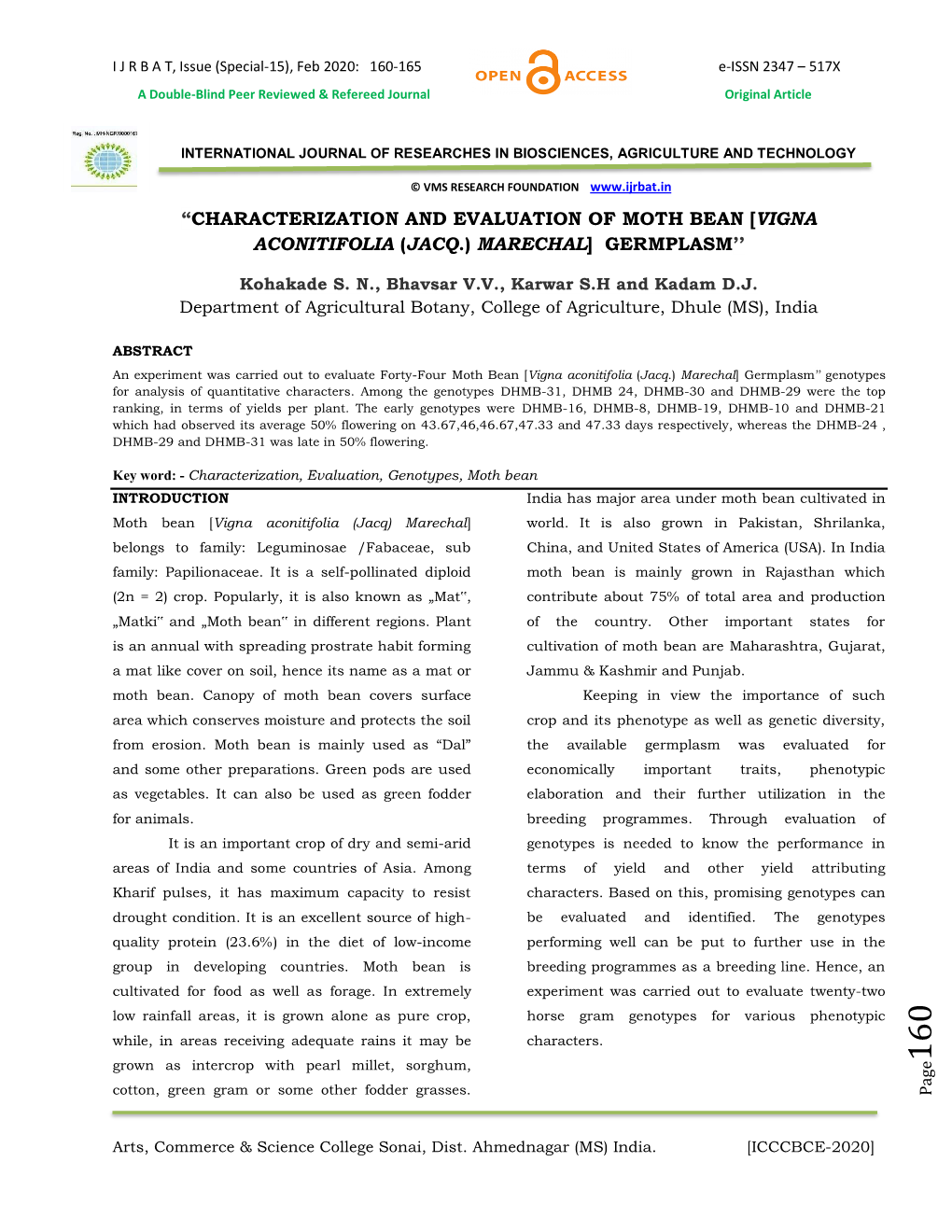Characterization and Evaluation of Moth Bean [Vigna Aconitifolia (Jacq.) Marechal] Germplasm’’