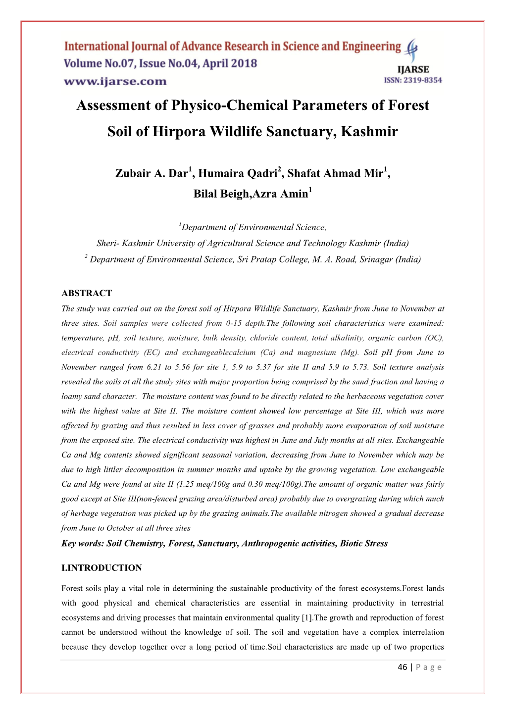 Assessment of Physico-Chemical Parameters of Forest Soil of Hirpora Wildlife Sanctuary, Kashmir