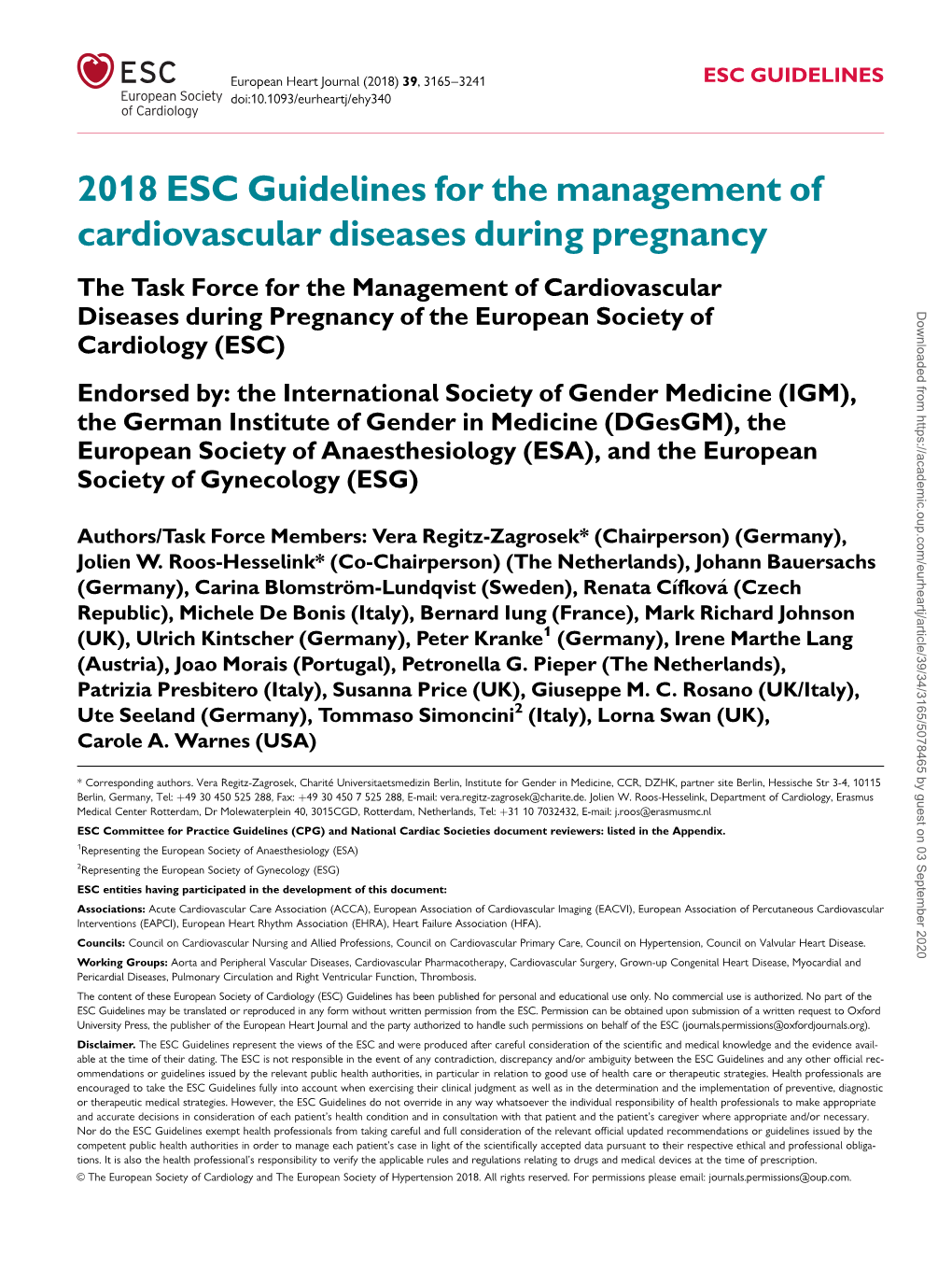 2018 ESC Guidelines for the Management of Cardiovascular