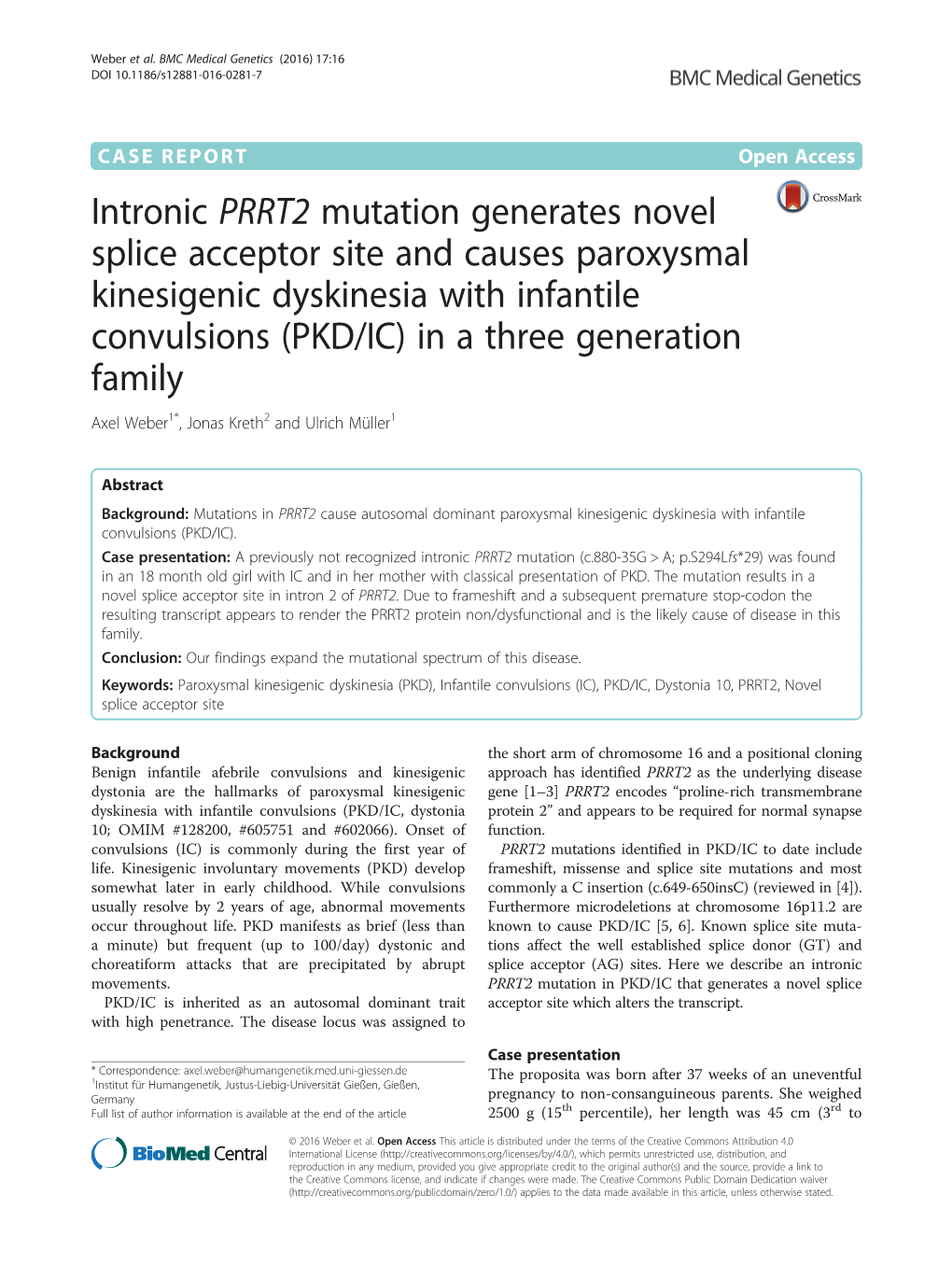 Intronic PRRT2 Mutation Generates Novel Splice Acceptor Site And