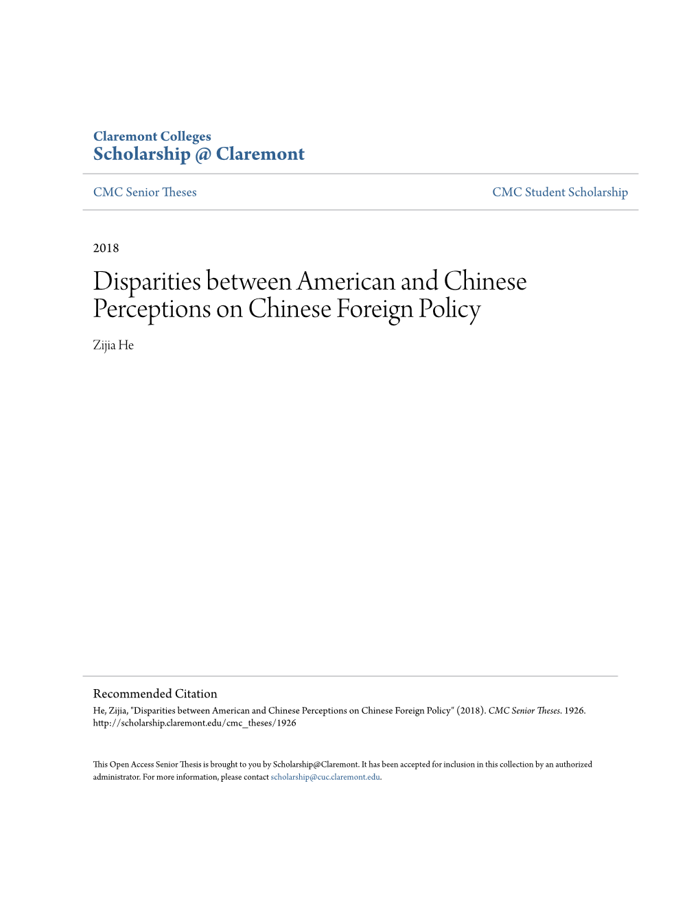 Disparities Between American and Chinese Perceptions on Chinese Foreign Policy Zijia He
