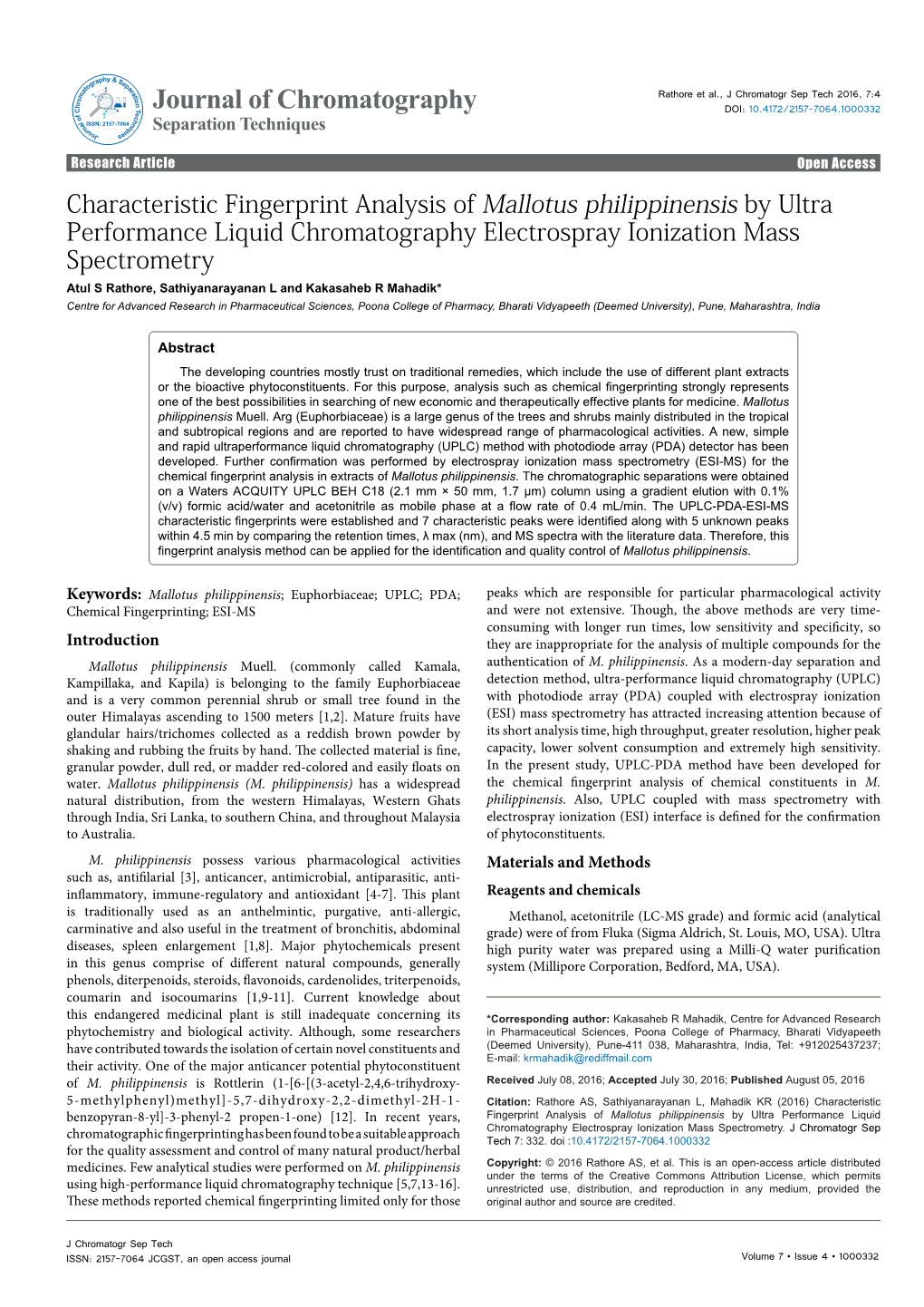 Characteristic Fingerprint Analysis of Mallotus Philippinensis by Ultra