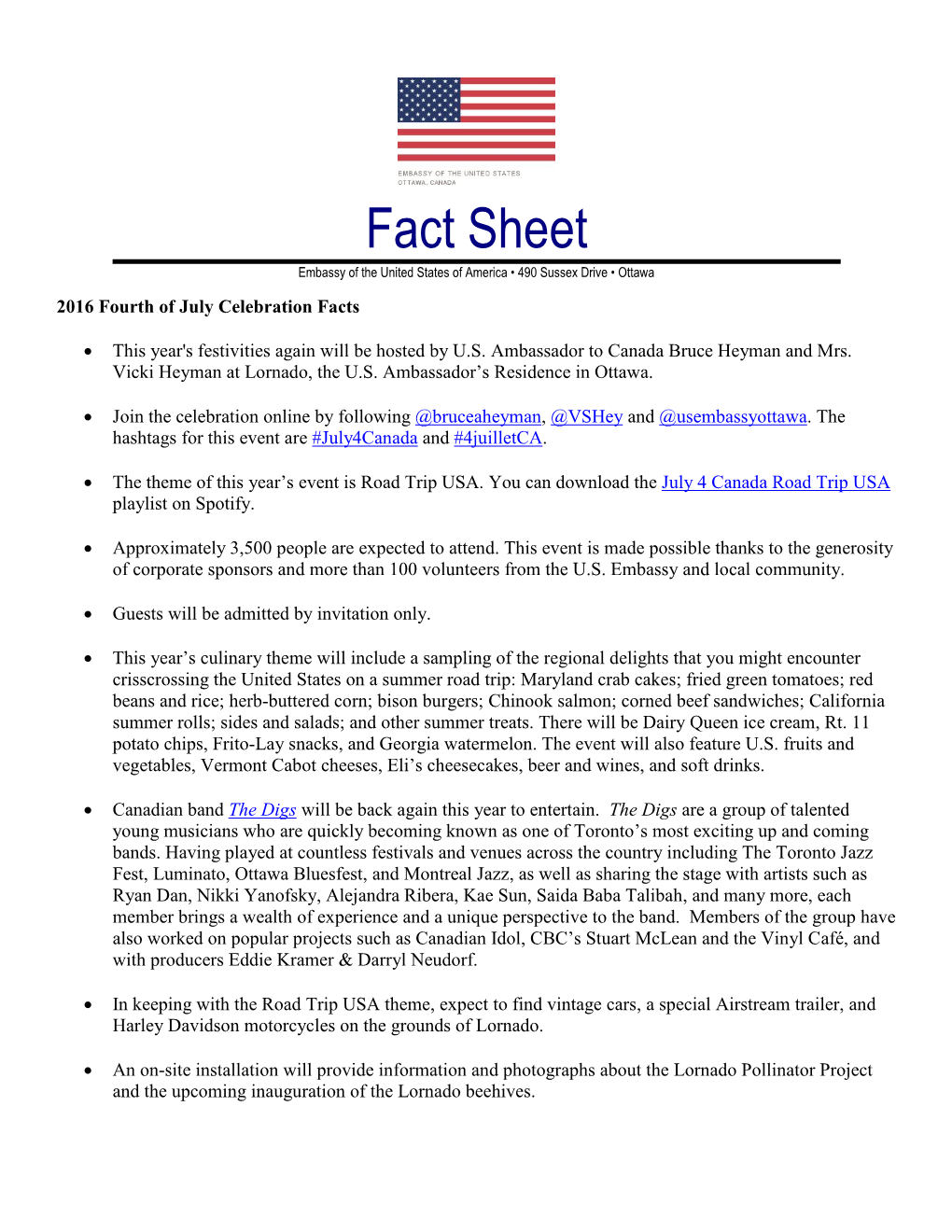 US Embassy Ottawa 4Th of July Fact Sheet