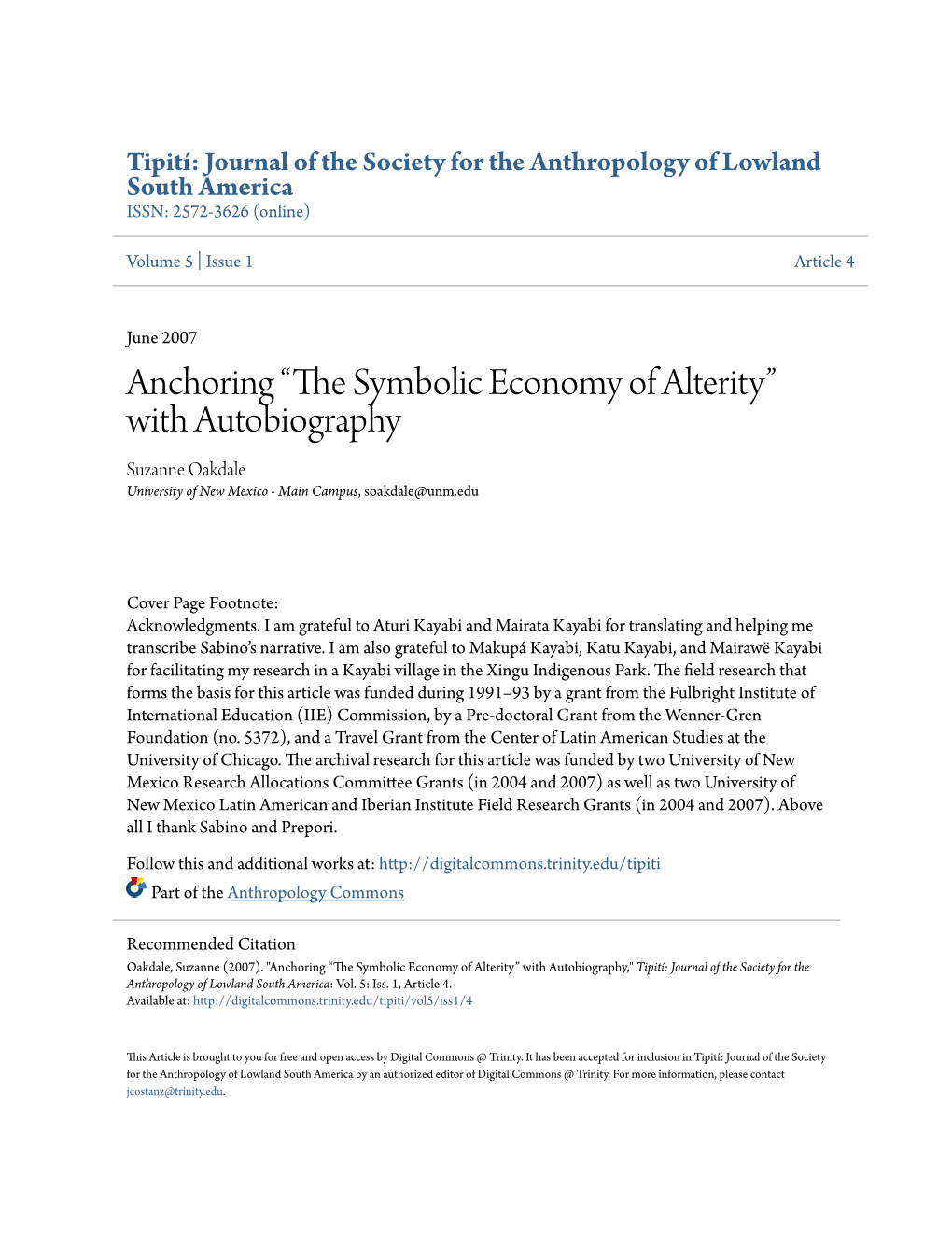 The Symbolic Economy of Alterity” with Autobiography