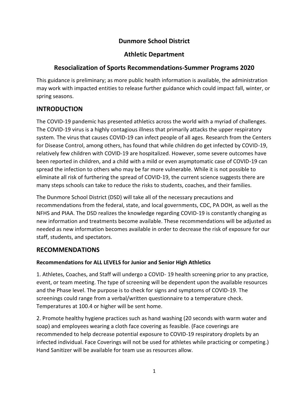 Dunmore School District Athletic Department Resocialization Of