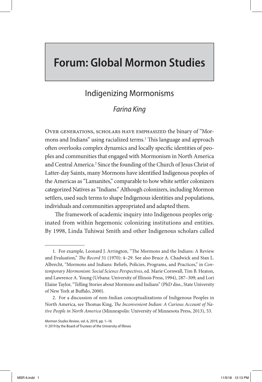 Indigenizing Mormonisms Farina King