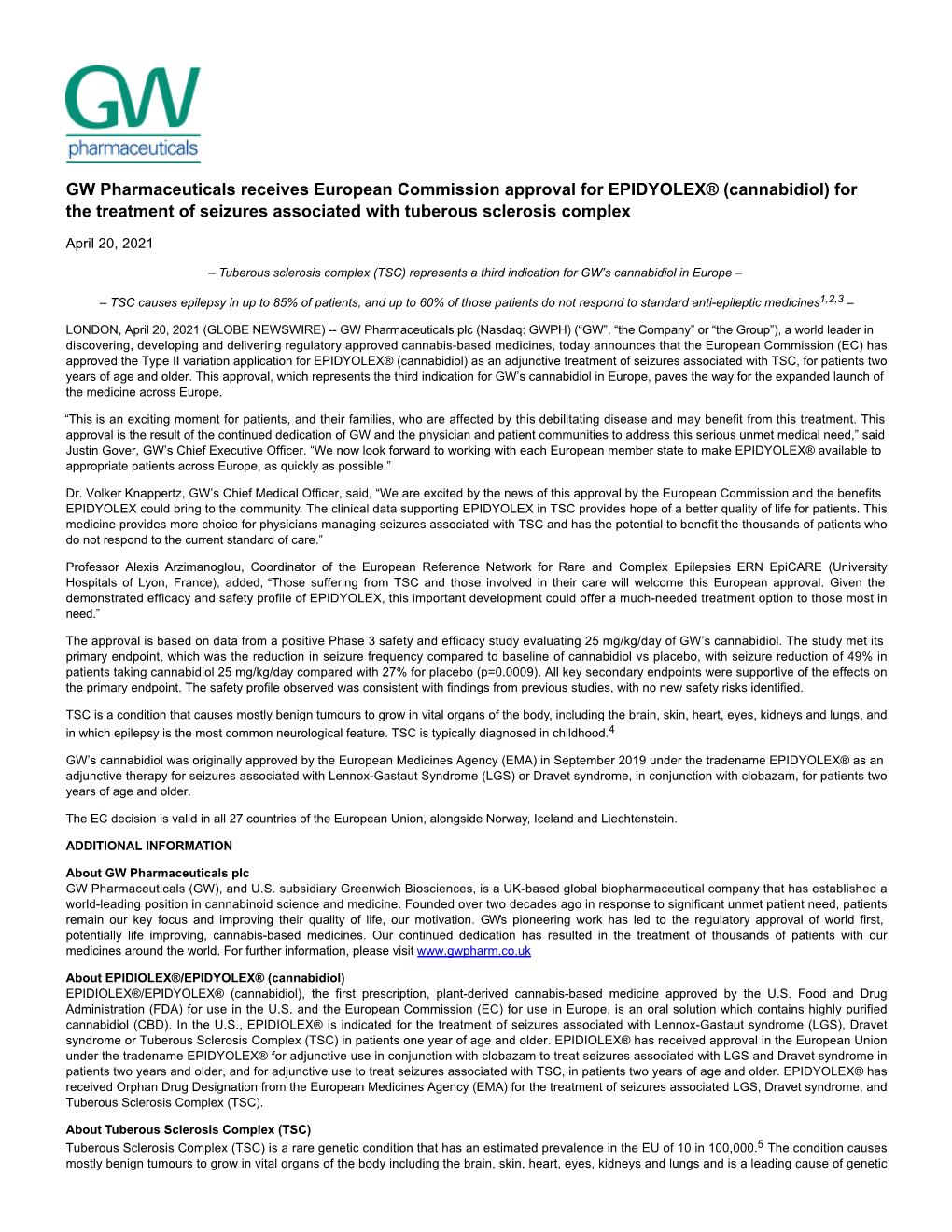 GW Pharmaceuticals Receives European Commission Approval for EPIDYOLEX® (Cannabidiol) for the Treatment of Seizures Associated with Tuberous Sclerosis Complex