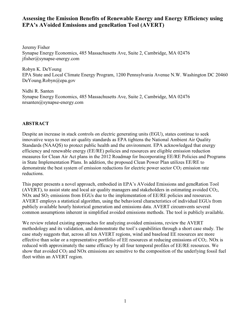 Assessing the Emission Benefits of Renewable Energy and Energy Efficiency Using EPA’S Avoided Emissions and Generation Tool (AVERT)