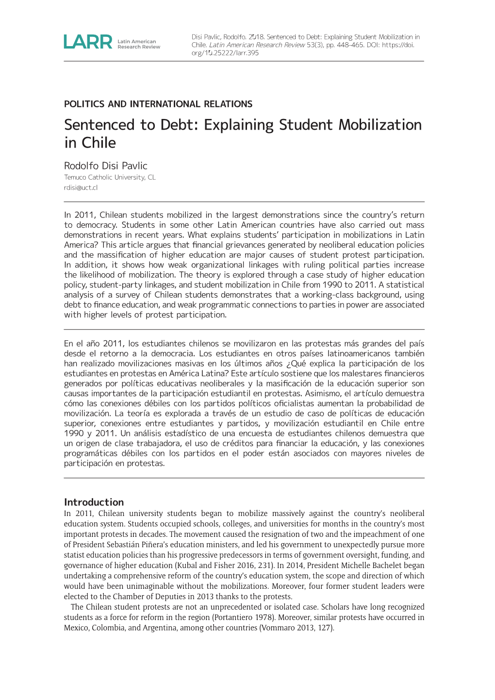 Sentenced to Debt: Explaining Student Mobilization in Chile