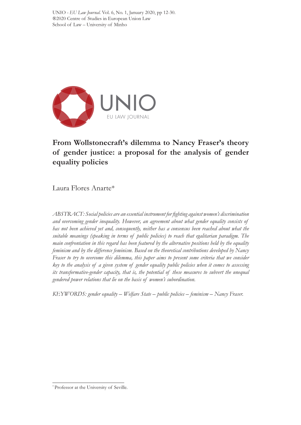 From Wollstonecraft's Dilemma to Nancy Fraser's Theory of Gender Justice: a Proposal for the Analysis of Gender Equality