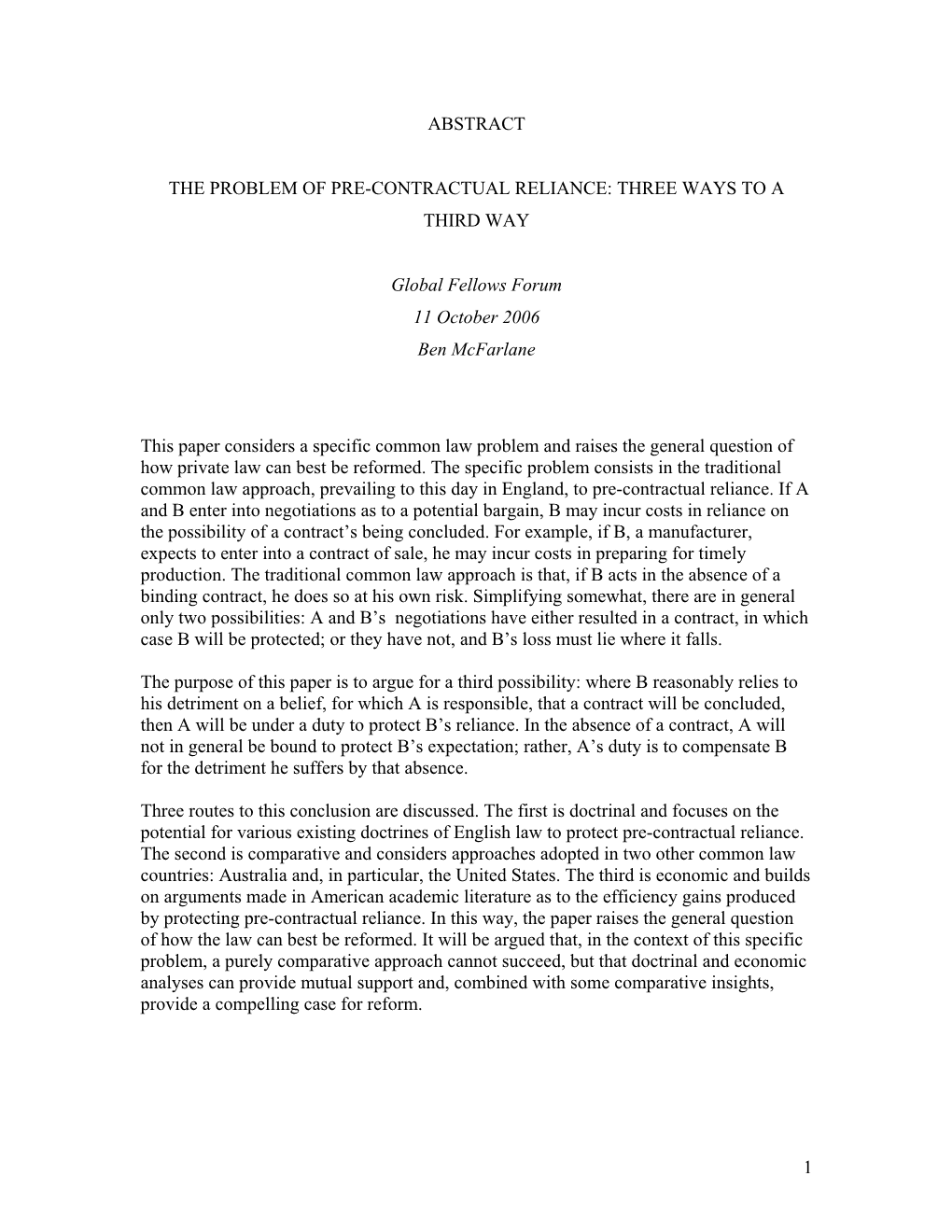 1 Abstract the Problem of Pre-Contractual Reliance
