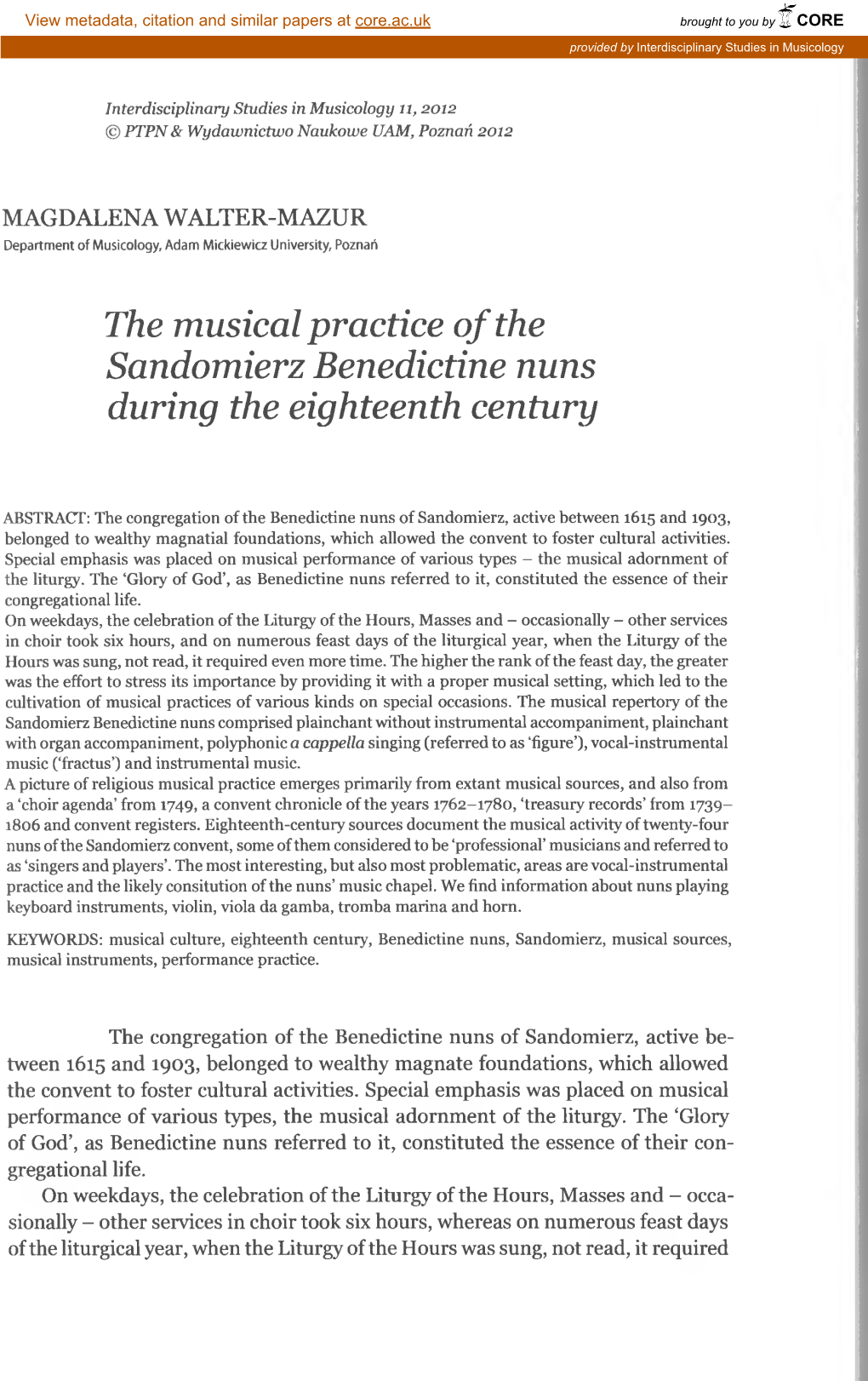The Musical Practice of the Sandomierz Benedictine Nuns During the Eighteenth Century