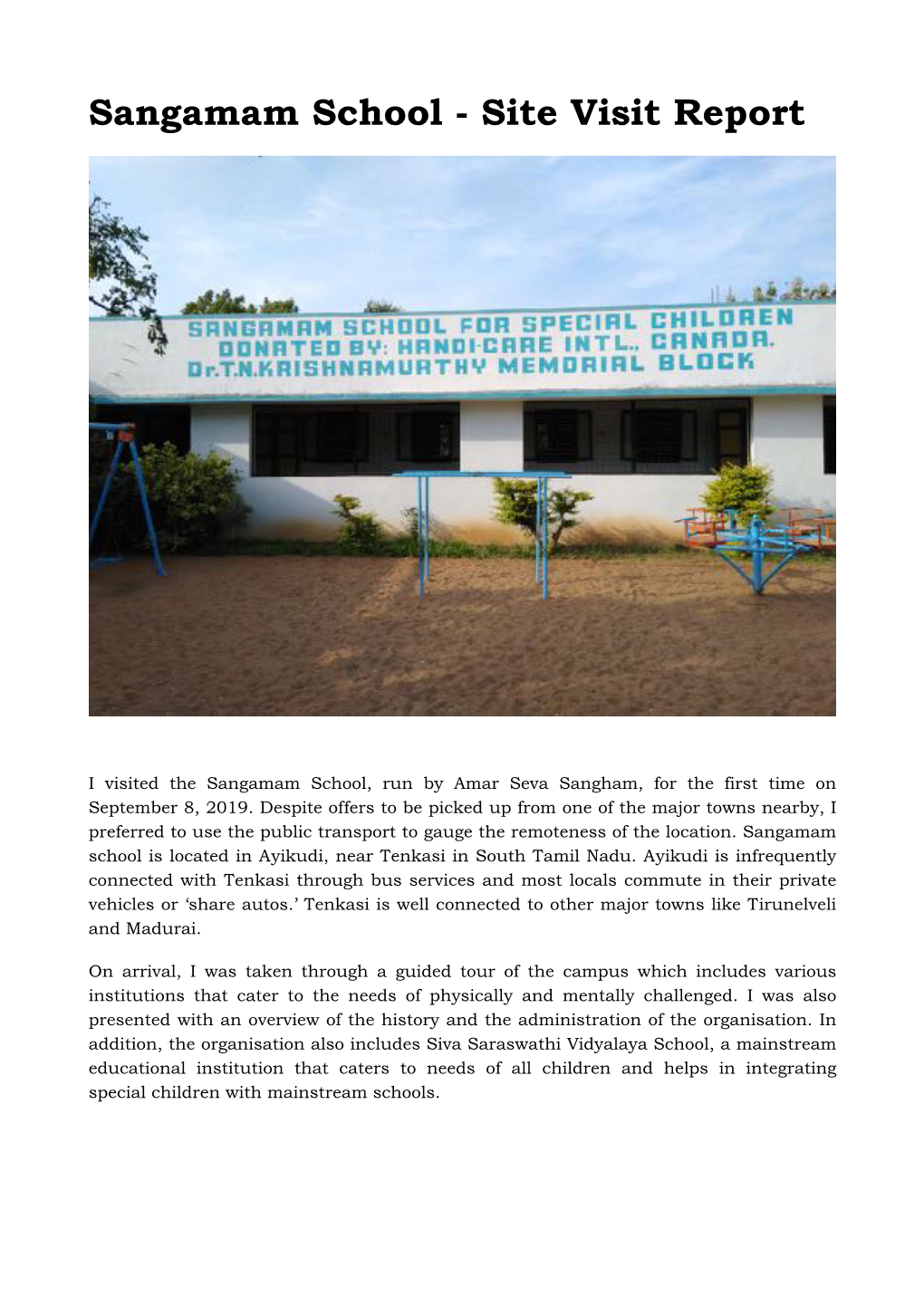 Sangamam School - Site Visit Report