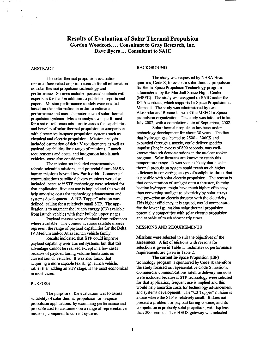 Results of Evaluation of Solar Thermal Propulsion Gordon Woodcock