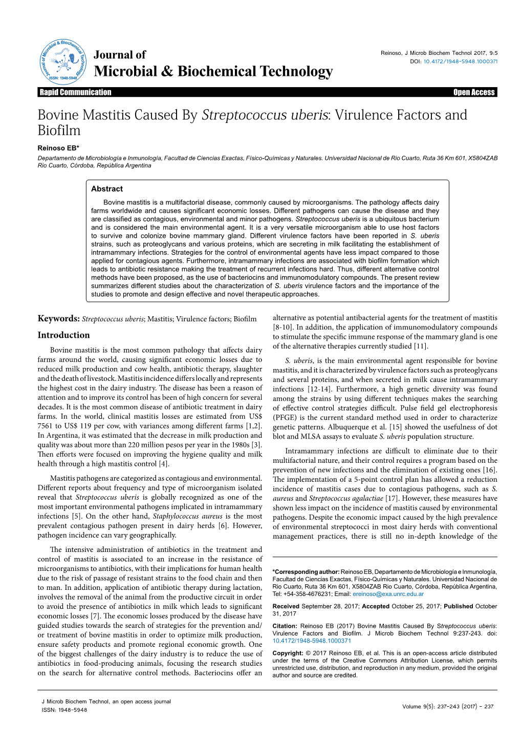 Bovine Mastitis Caused by Streptococcus Uberis: Virulence Factors and Biofilm