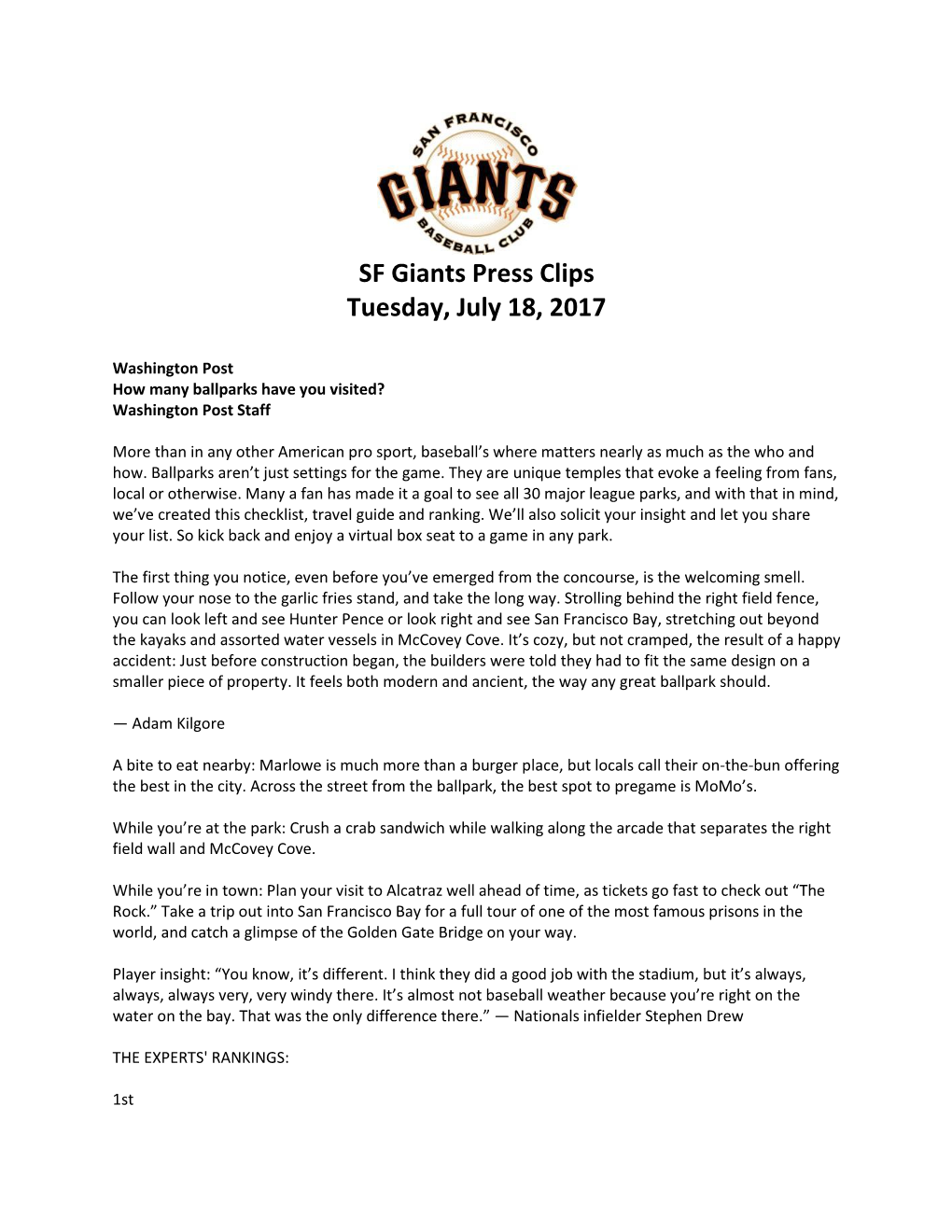 SF Giants Press Clips Tuesday, July 18, 2017
