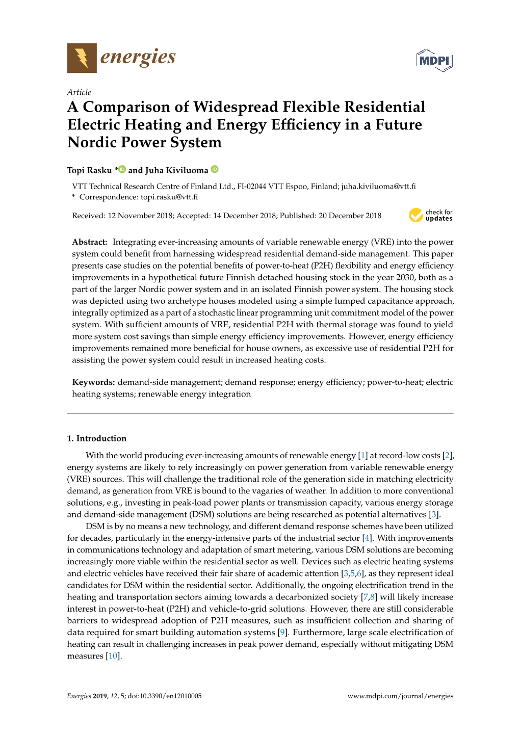 A Comparison of Widespread Flexible Residential Electric Heating and Energy Efﬁciency in a Future Nordic Power System