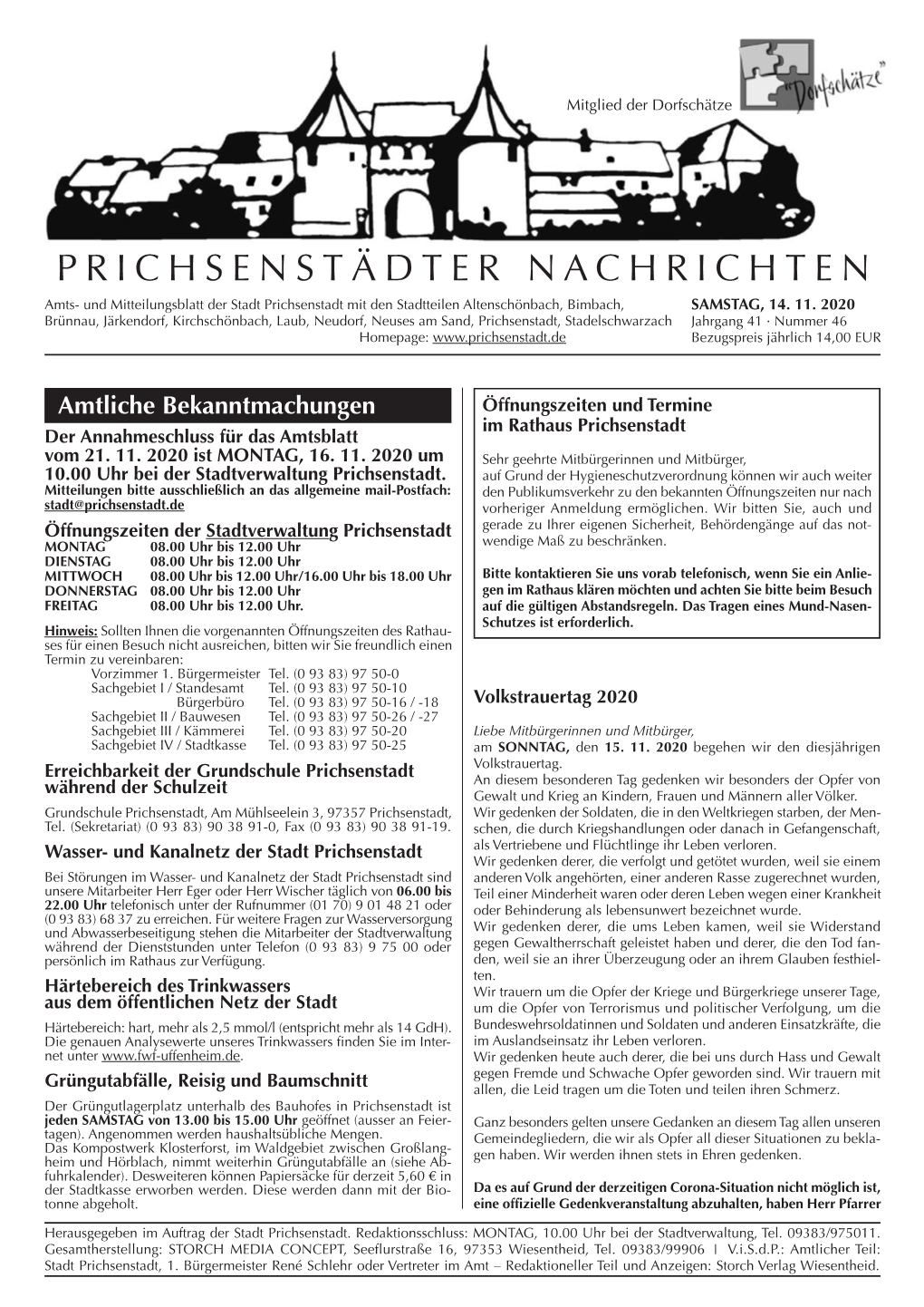 PRICHSENSTÄDTER NACHRICHTEN Amts- Und Mitteilungsblatt Der Stadt Prichsenstadt Mit Den Stadtteilen Altenschönbach, Bimbach, SAMSTAG, 14