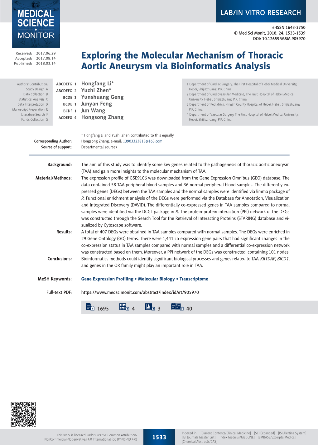 Exploring the Molecular Mechanism of Thoracic Aortic Aneurysm Via