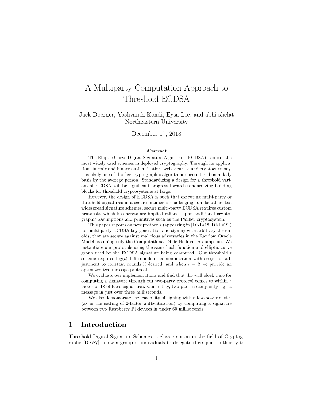 A Multiparty Computation Approach to Threshold ECDSA