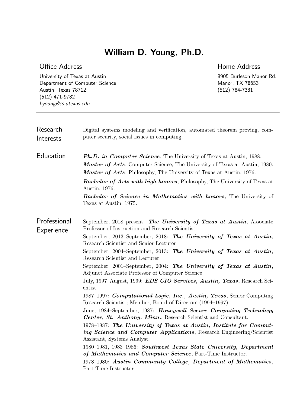 William D. Young, Ph.D. Oﬃce Address Home Address University of Texas at Austin 8905 Burleson Manor Rd