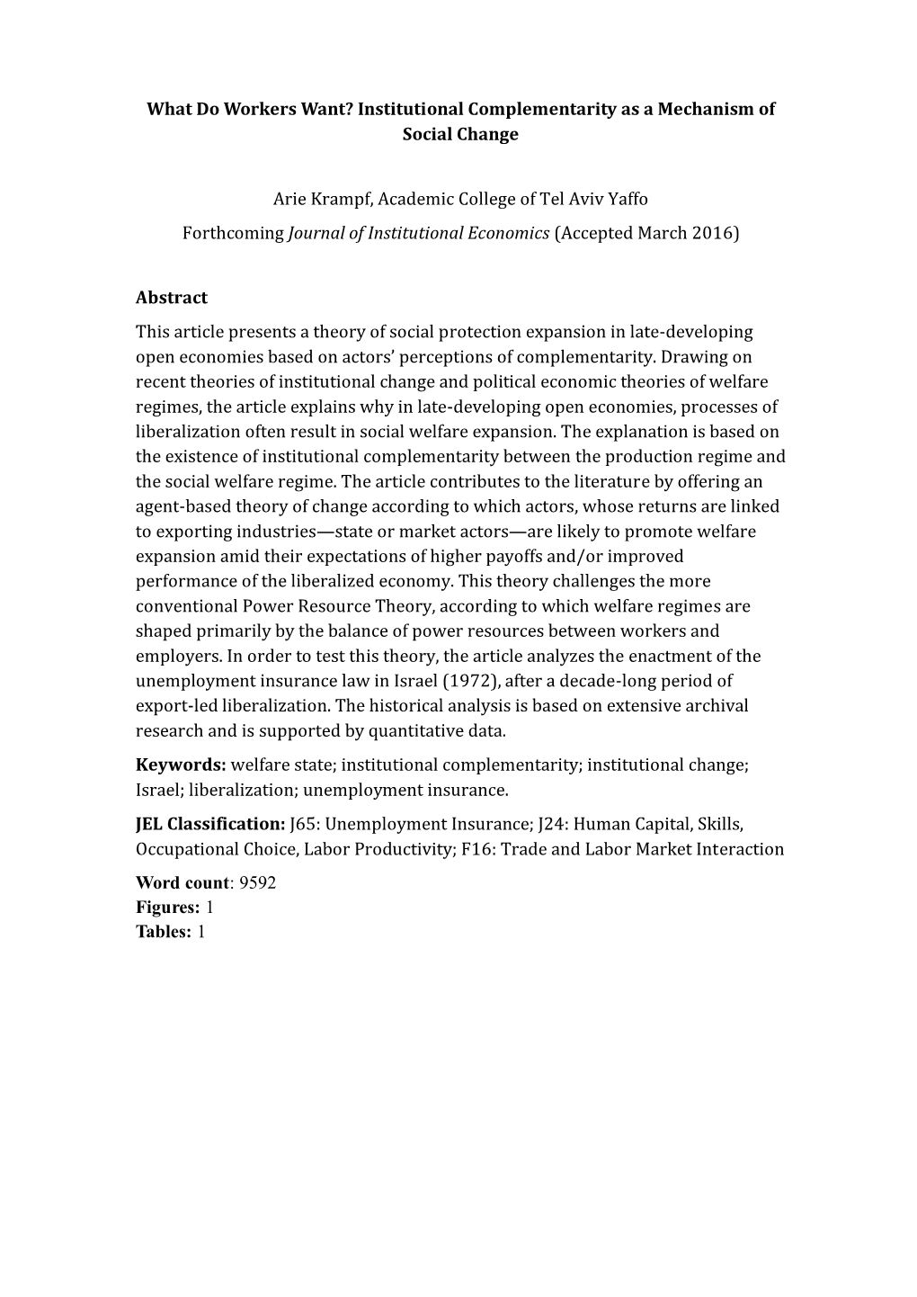 What Do Workers Want? Institutional Complementarity As a Mechanism of Social Change Arie Krampf, Academic College of Tel Aviv Y