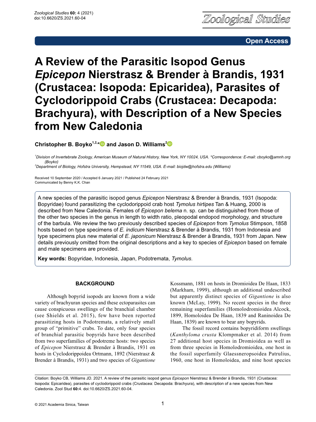 A Review of the Parasitic Isopod Genus Epicepon Nierstrasz