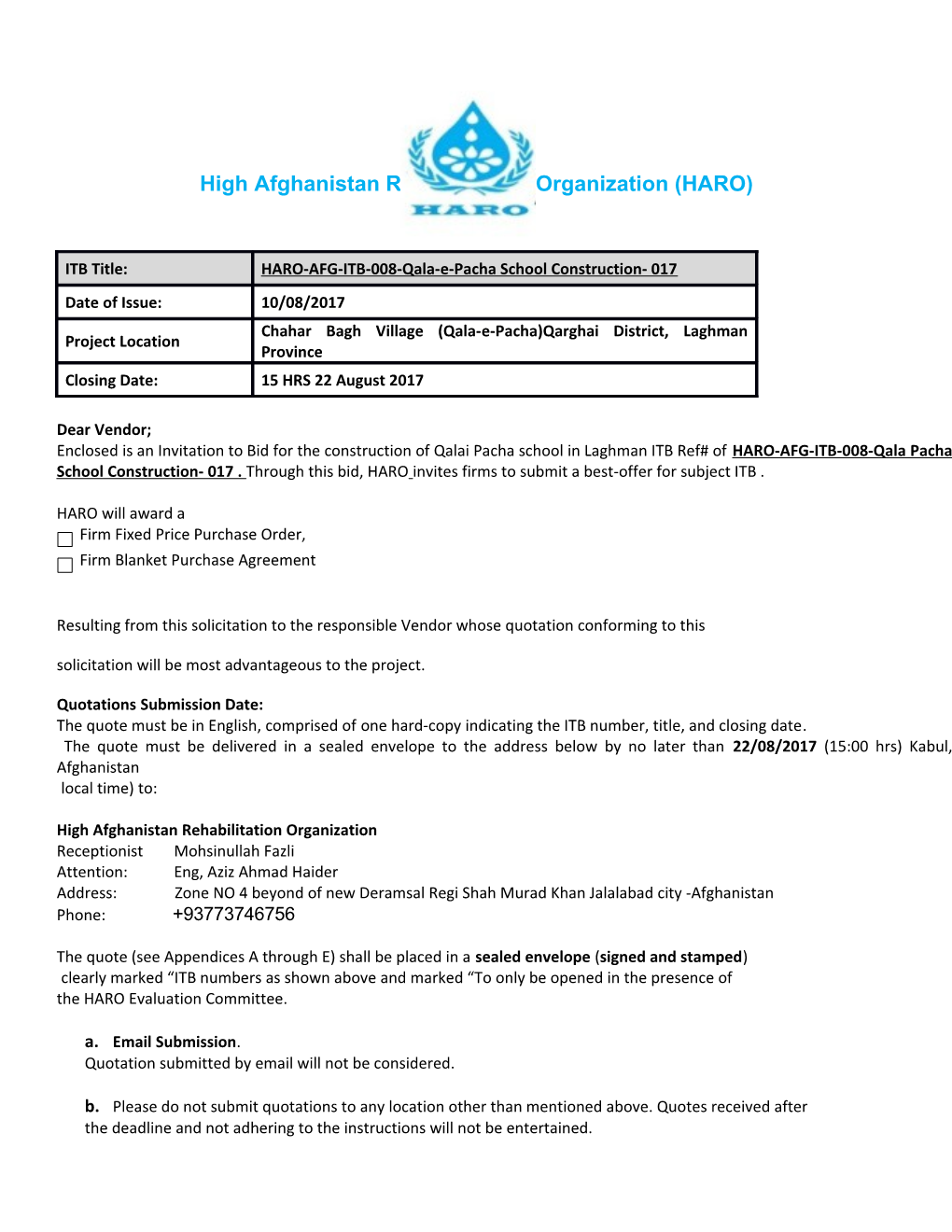 High Afghanistan Rehabilitation Organization (HARO)