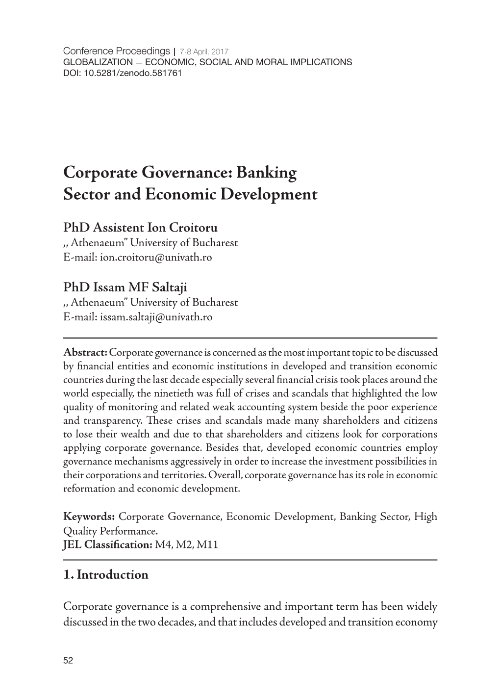 Corporate Governance: Banking Sector and Economic Development