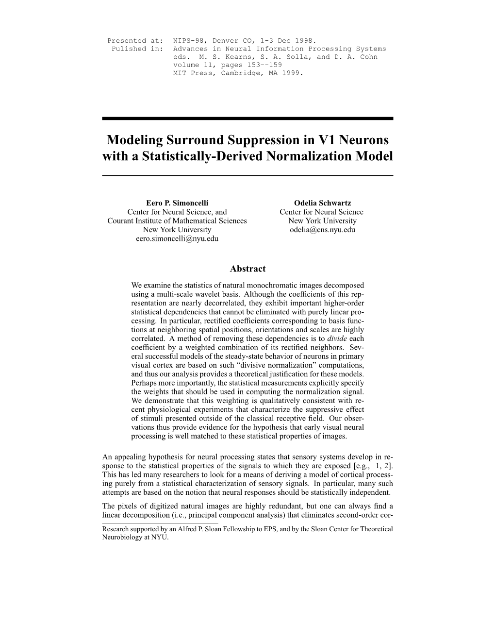 Modeling Surround Suppression in V1 Neurons with a Statistically-Derived Normalization Model