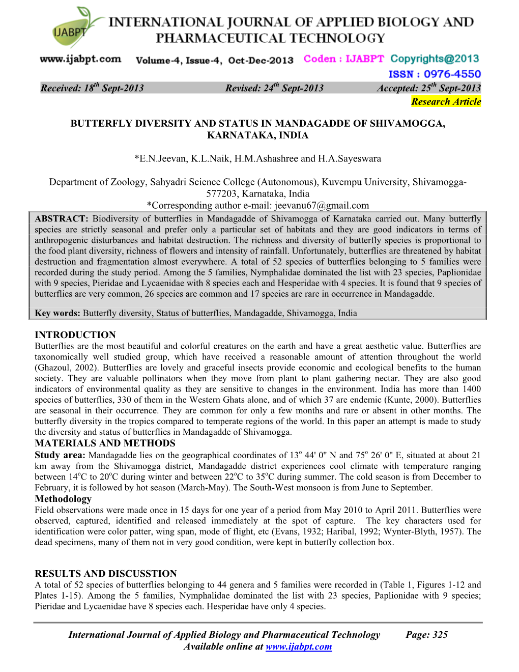 Butterfly Diversity and Status in Mandagadde of Shivamogga, Karnataka, India