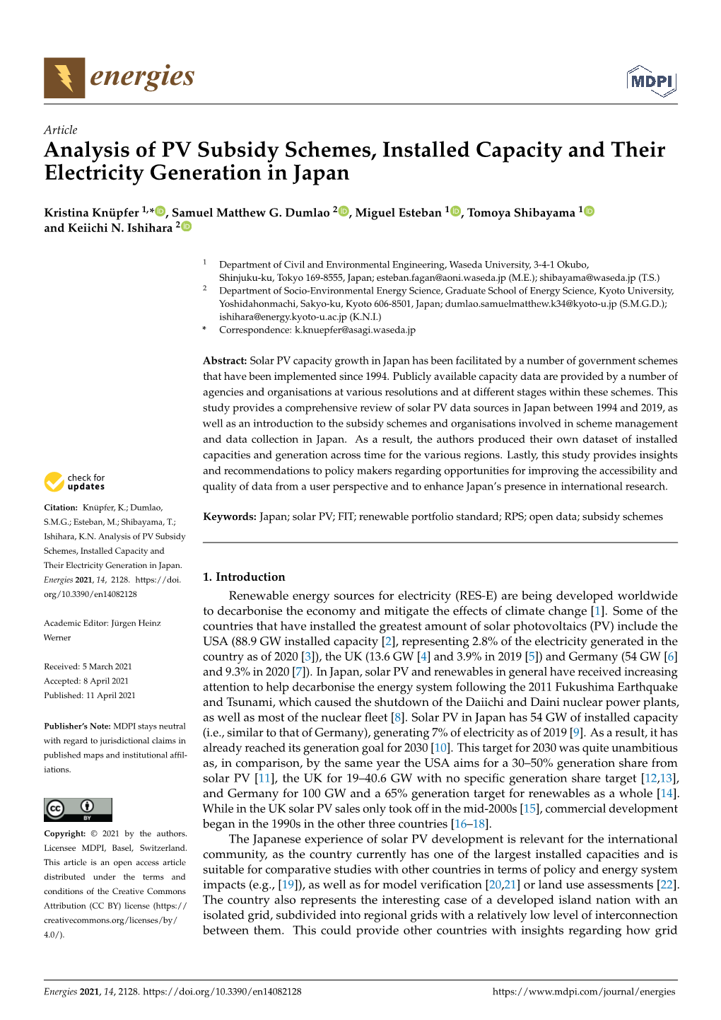 Analysis of PV Subsidy Schemes, Installed Capacity and Their Electricity Generation in Japan