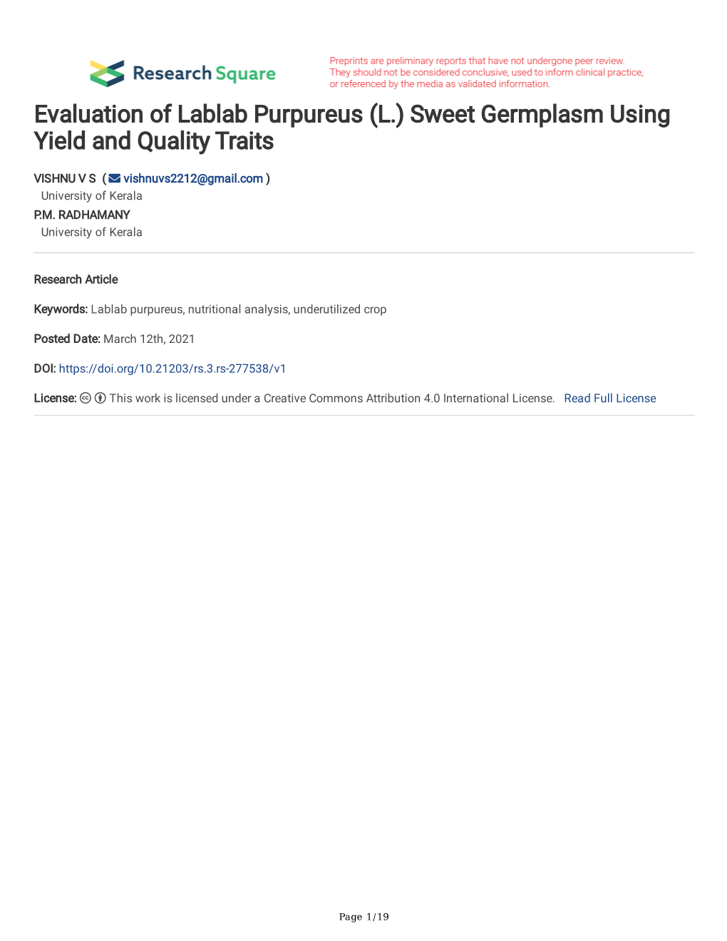 Evaluation of Lablab Purpureus (L.) Sweet Germplasm Using Yield and Quality Traits