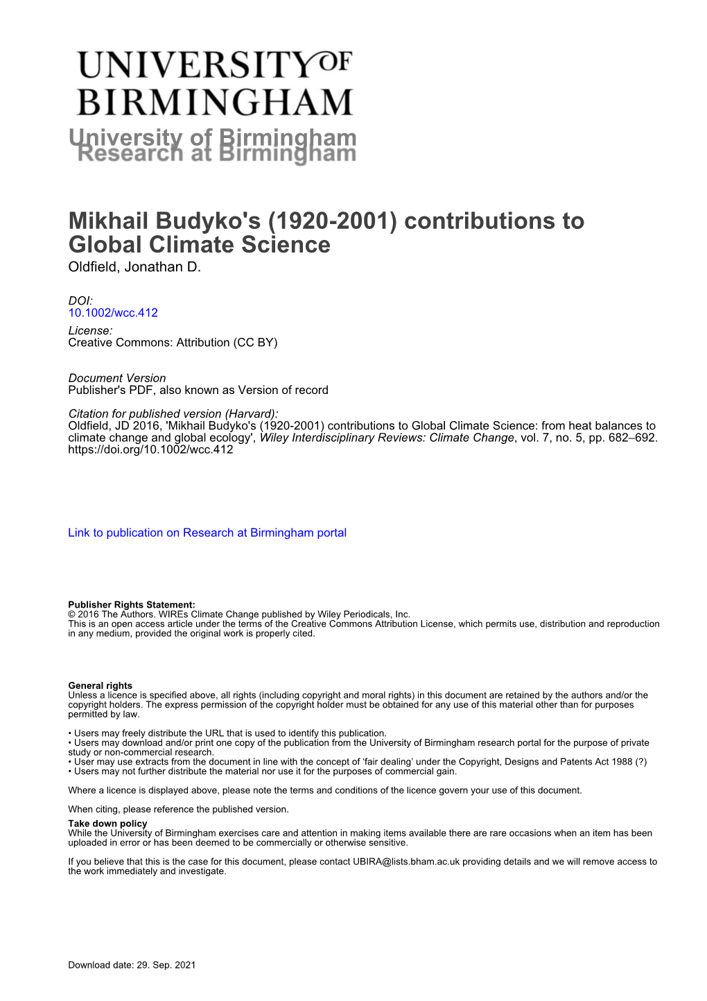 Mikhail Budyko's (1920-2001) Contributions to Global Climate Science Oldfield, Jonathan D