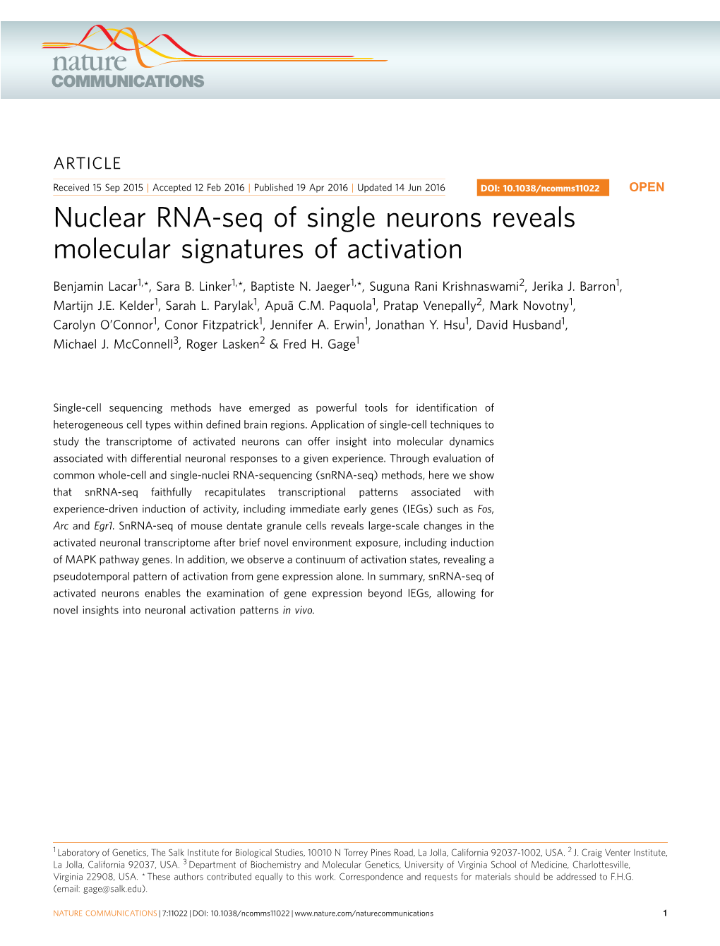 Nuclear RNA-Seq of Single Neurons Reveals Molecular Signatures of Activation