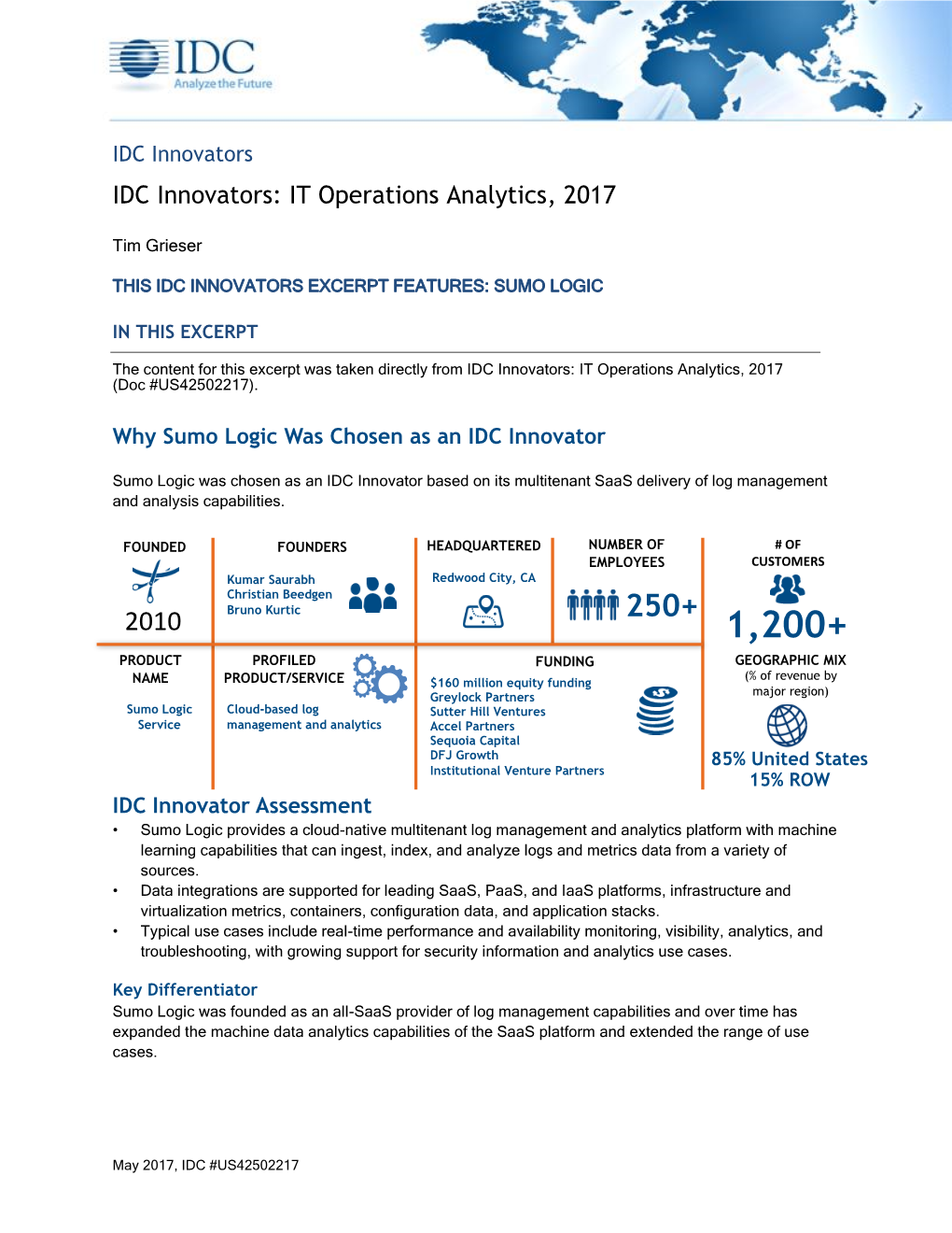 IDC Innovators: IT Operations Analytics, 2017