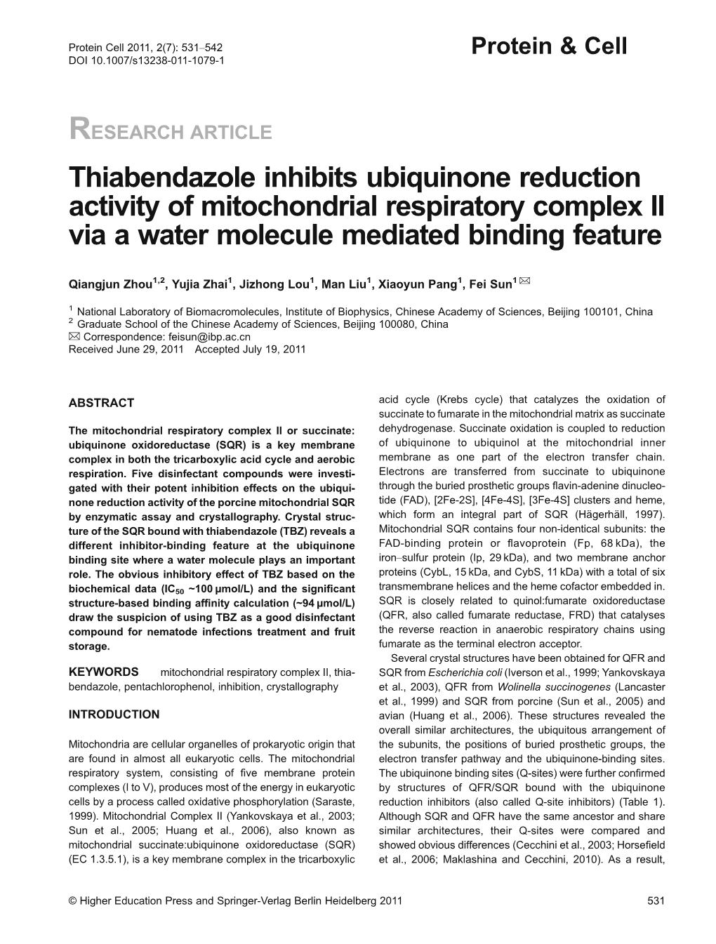 Thiabendazole Inhibits Ubiquinone Reduction Activity of Mitochondrial Respiratory Complex II Via a Water Molecule Mediated Binding Feature