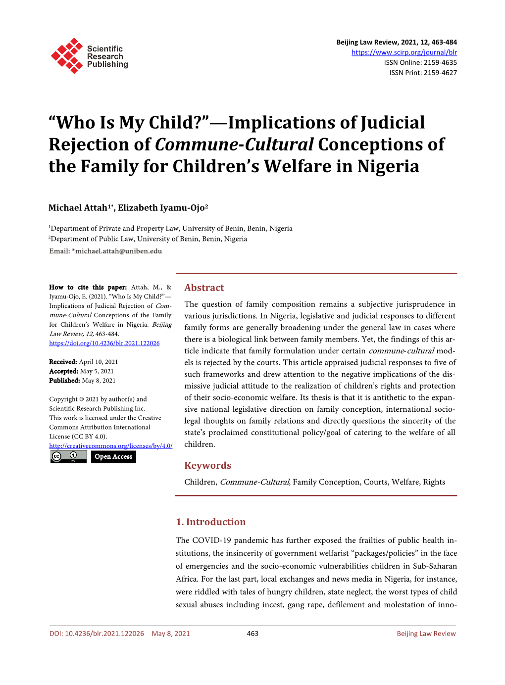 Implications of Judicial Rejection of Commune-Cultural Conceptions of the Family for Children’S Welfare in Nigeria
