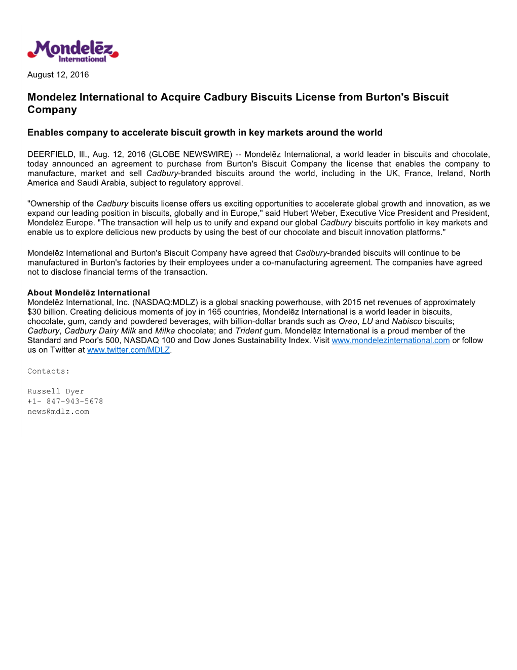 Mondelez International to Acquire Cadbury Biscuits License from Burton's Biscuit Company