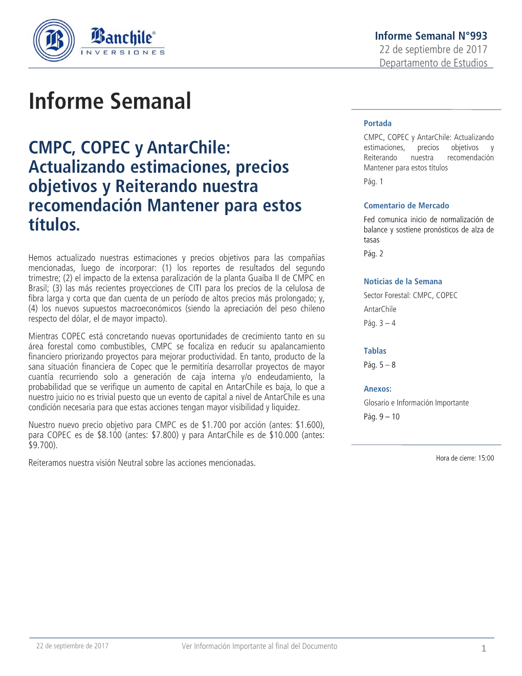 Informe Semanal CMPC, COPEC Y Antarchile