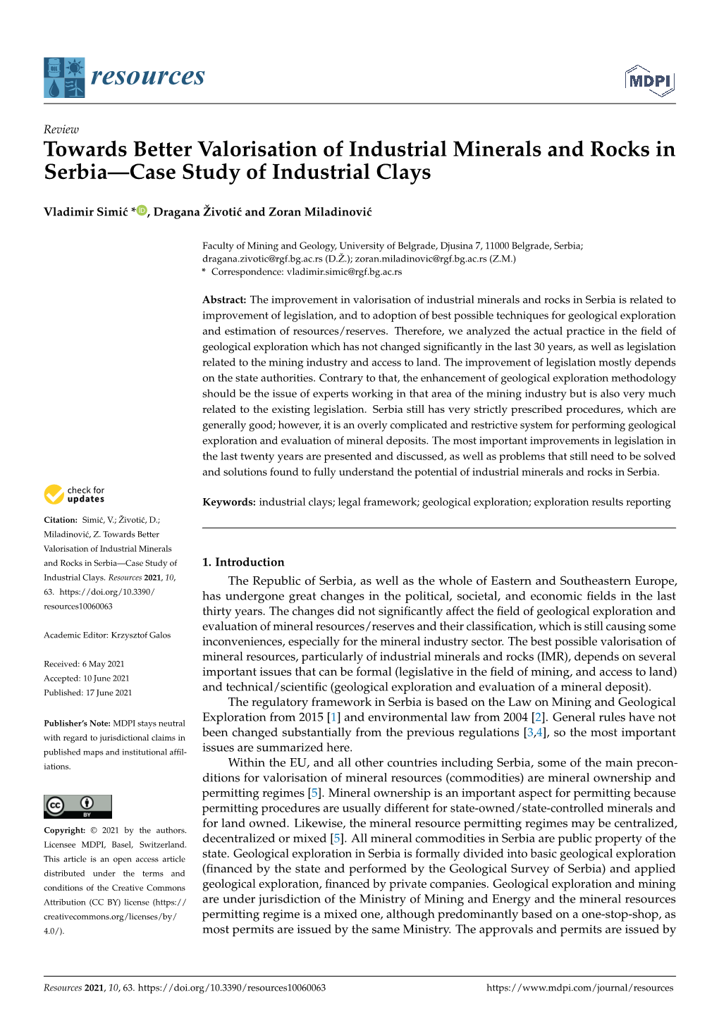 Towards Better Valorisation of Industrial Minerals and Rocks in Serbia—Case Study of Industrial Clays